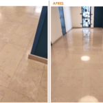 Décapage de sol en carrelage dans un hall d'immeuble : une prestation technique alliant action mécanique et chimique pour une rénovation complète de vos halls d'immeubles